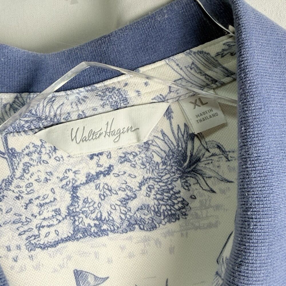 Walter Hagen Blue & White Tropical Print Clubhouse Polo Golf Shirt Sz XL - Picture 3 of 6